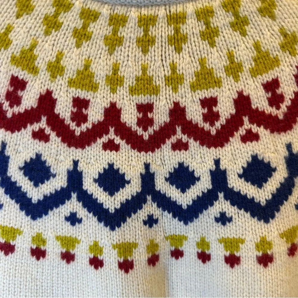 J. Crew Cream Fair Isle Crewneck Sweater with Red, Navy & Chartreuse Yoke